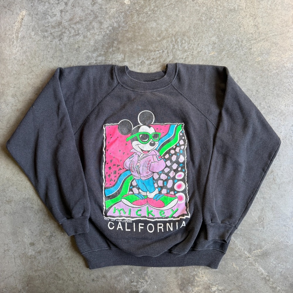 Vintage 80s Mickey Mouse California Crewneck Sweatshirt Faded Velva Sheen Mens L